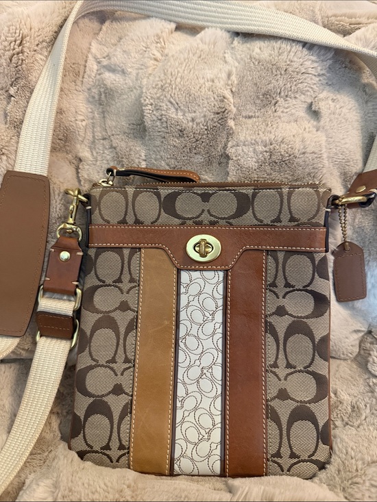 Coach Handbags - Coach Brown/Tan/Cream Signature Crossbody with Stripe Detail